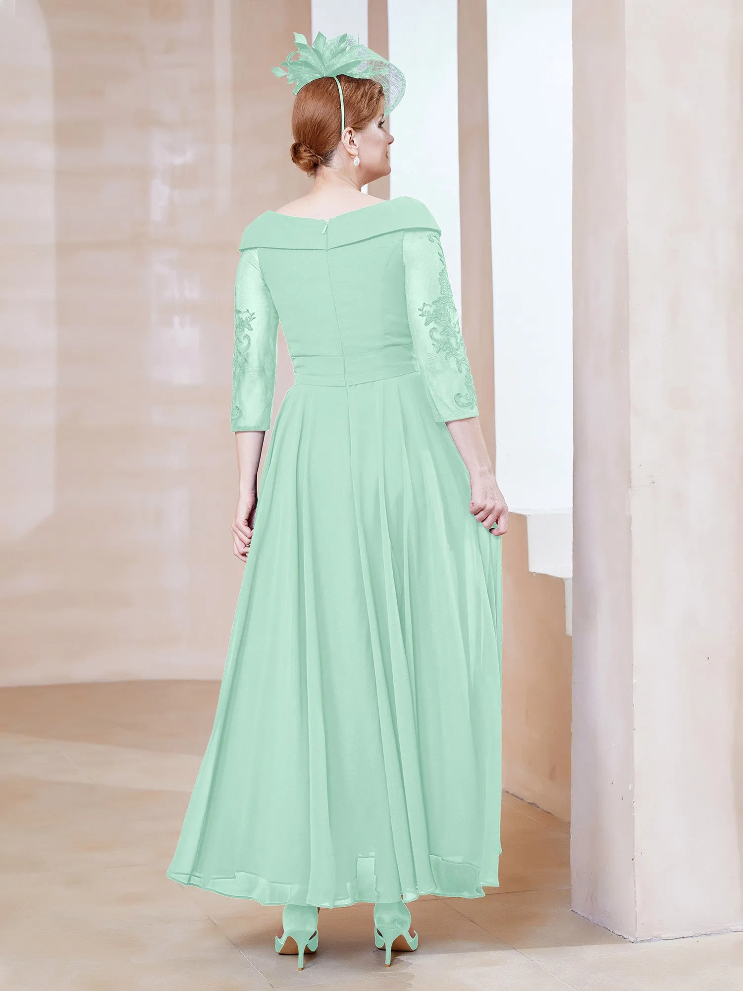 A-line V-neck Appliqued Chiffon Dress Mint Green