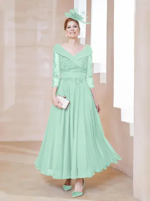 A-line V-neck Appliqued Chiffon Dress Mint Green