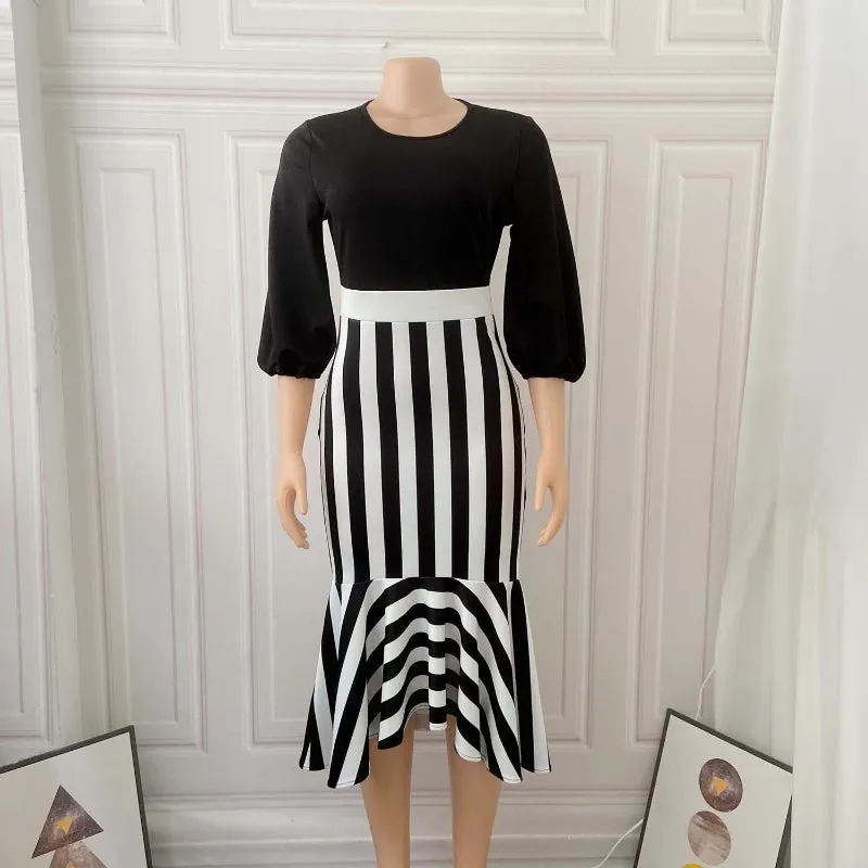 Asymmetrical Striped Fish-tail Commuter Dress