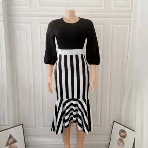 Asymmetrical Striped Fish-tail Commuter Dress