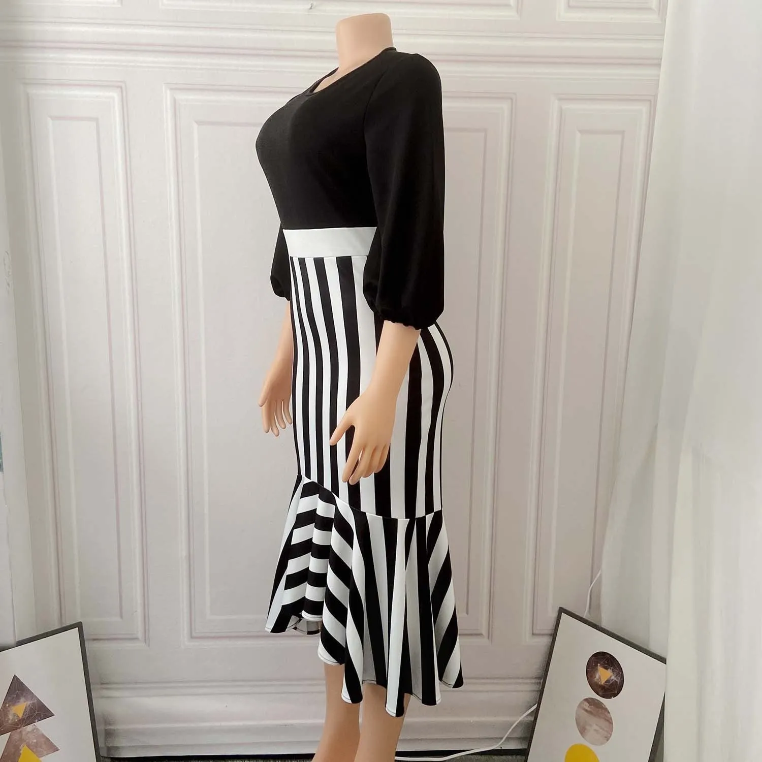Asymmetrical Striped Fish-tail Commuter Dress