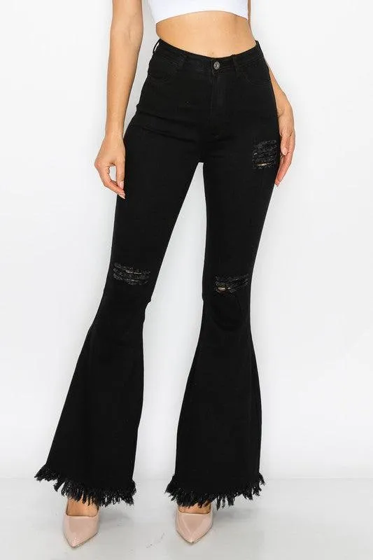 BC012 ripped knees high waist stretch bell bottom jeans
