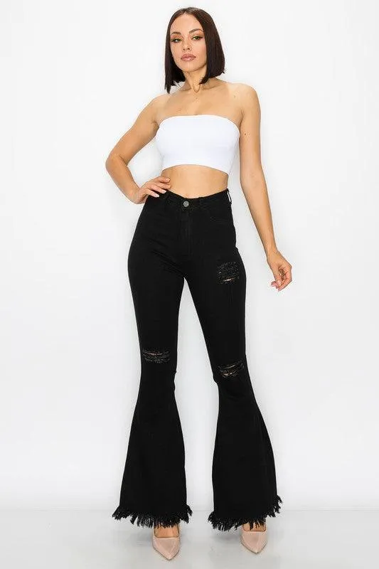 BC012 ripped knees high waist stretch bell bottom jeans
