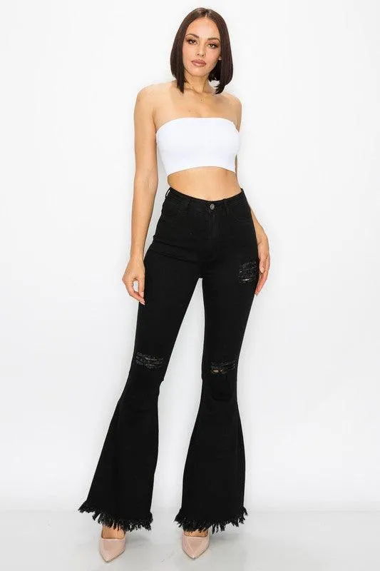 BC012 ripped knees high waist stretch bell bottom jeans