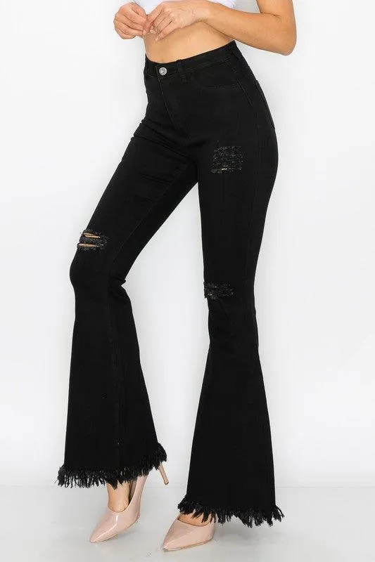 BC012 ripped knees high waist stretch bell bottom jeans