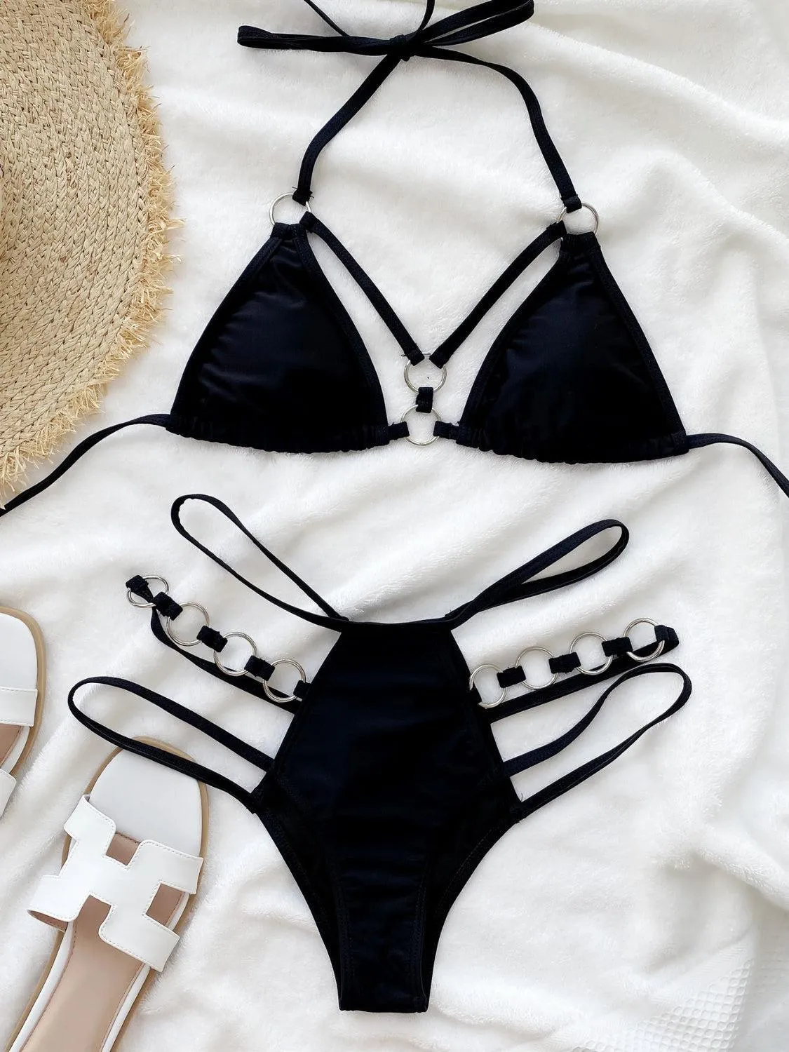 Beach Goddess Cutout Halter Strappy Bikini Set