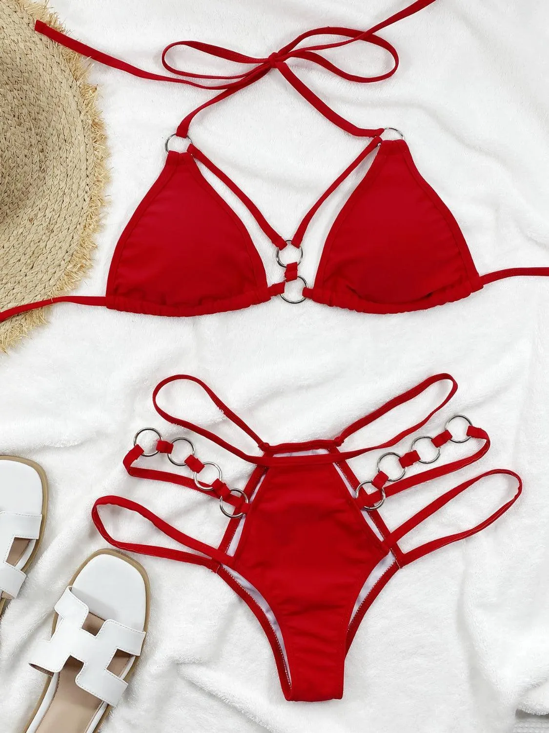 Beach Goddess Cutout Halter Strappy Bikini Set