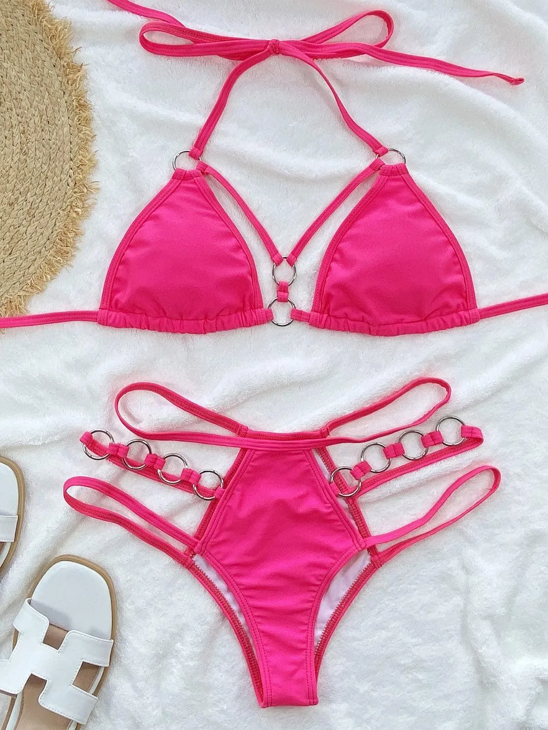 Beach Goddess Cutout Halter Strappy Bikini Set