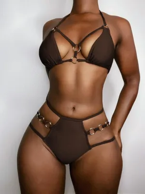 Beach Goddess Cutout Halter Strappy Bikini Set