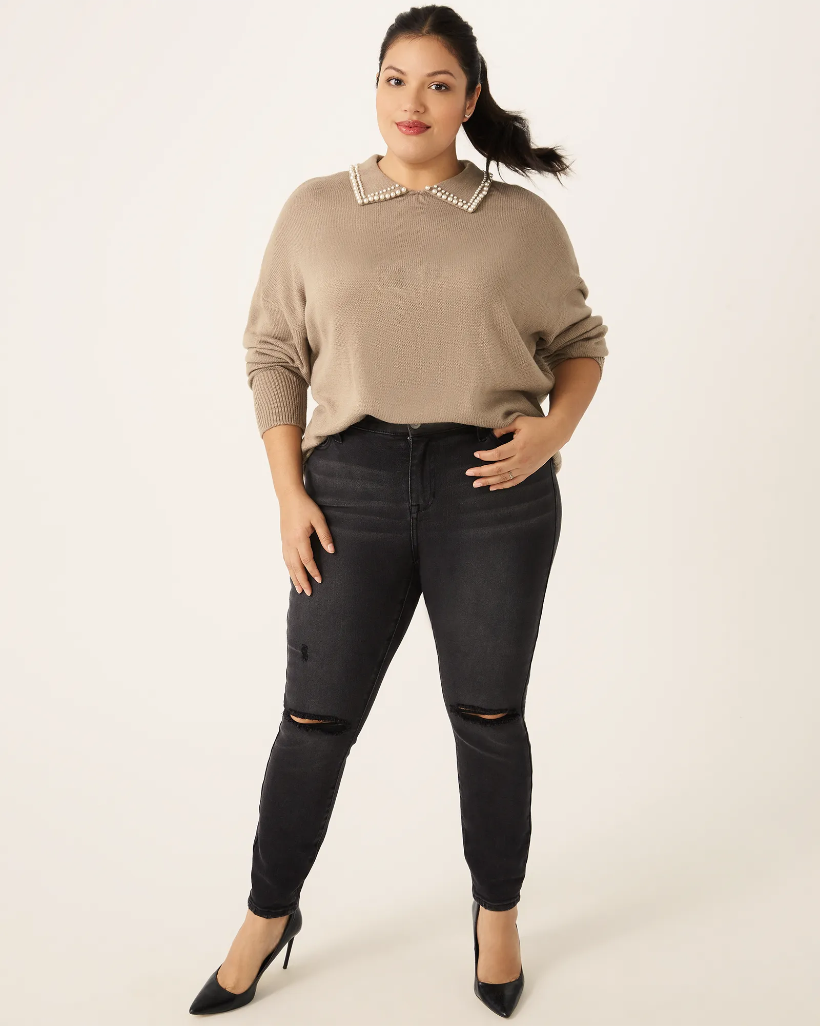 Beryl Pearl-Collar Sweater | Brown
