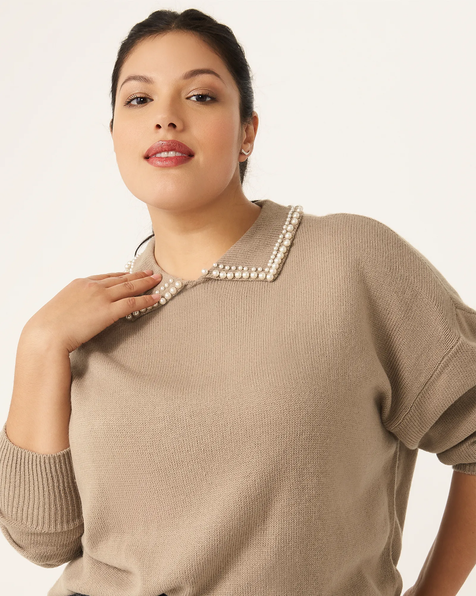 Beryl Pearl-Collar Sweater | Brown