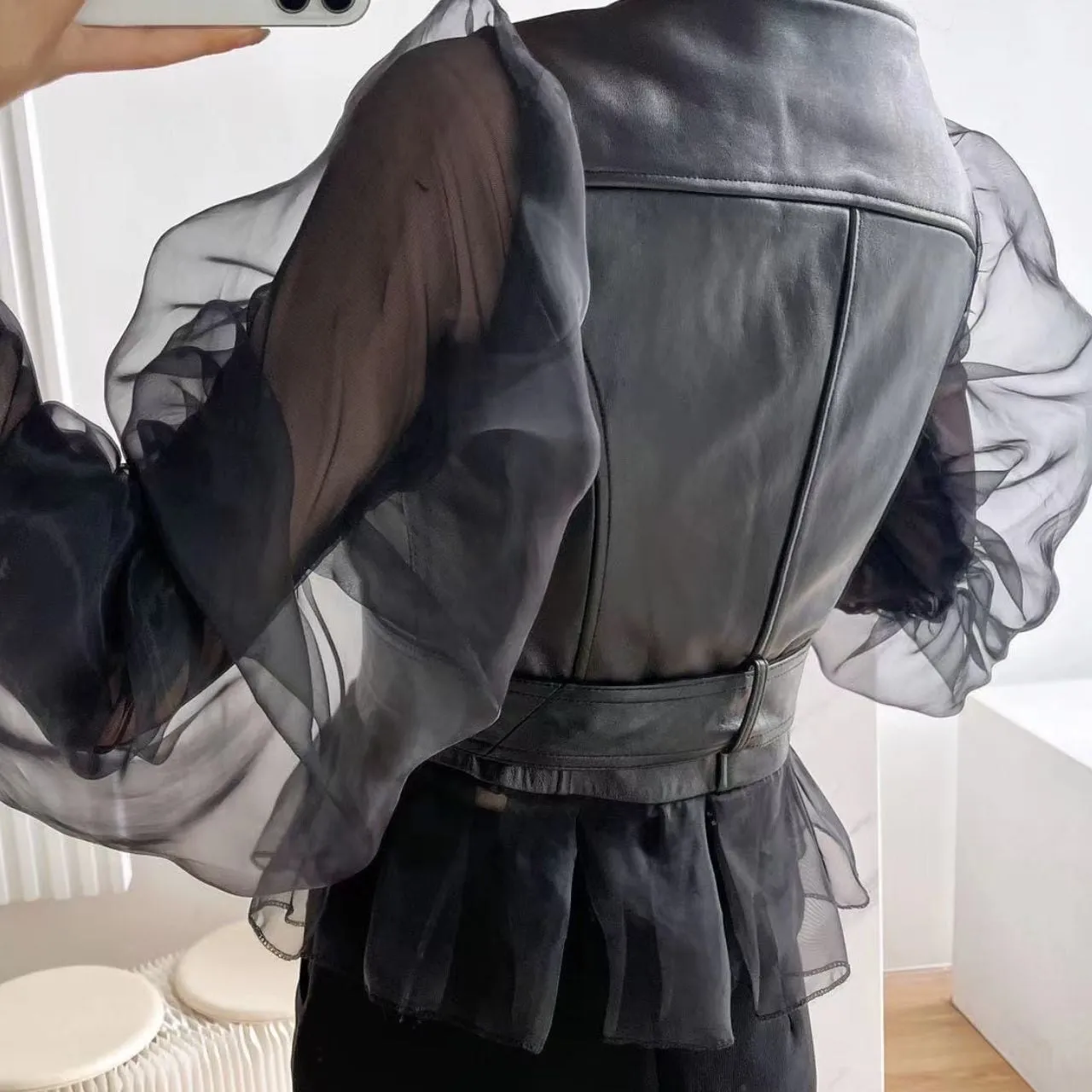 Black Mesh Double Sleeves Jacket with Zipper and Tulle Hem S5069757 - Size M