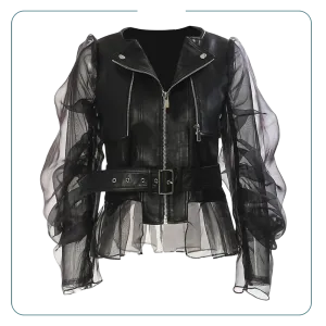 Black Mesh Double Sleeves Jacket with Zipper and Tulle Hem S5069757 - Size M