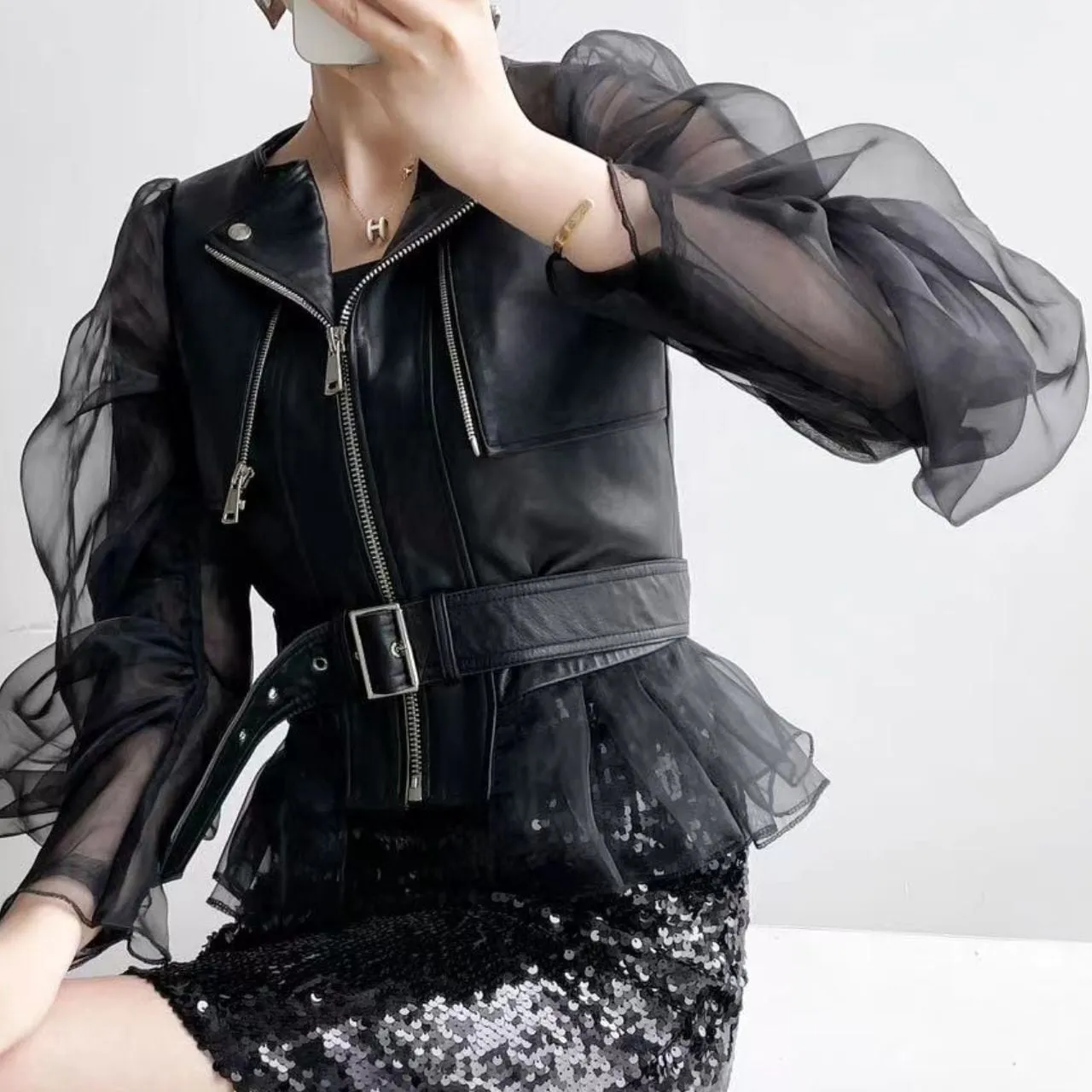 Black Mesh Double Sleeves Jacket with Zipper and Tulle Hem S5069757 - Size M