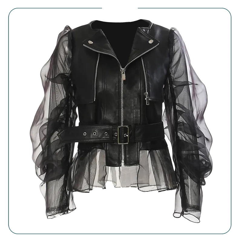 Black Mesh Double Sleeves Jacket with Zipper and Tulle Hem S5069757 - Size M