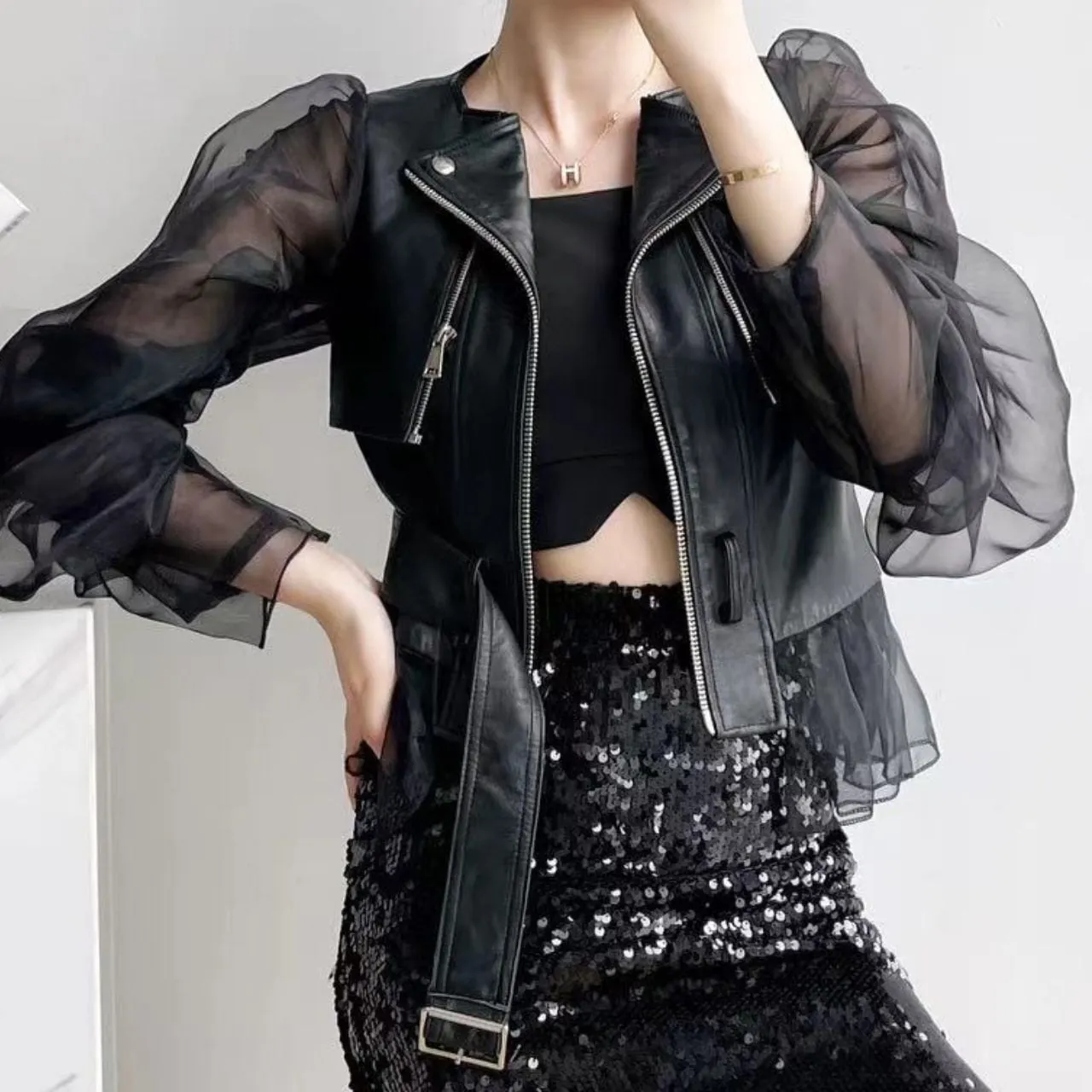 Black Mesh Double Sleeves Jacket with Zipper and Tulle Hem S5069757 - Size M