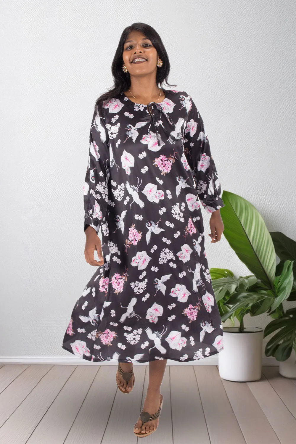 Black Printed Vegan Charmeuse Silk Dress 10074057