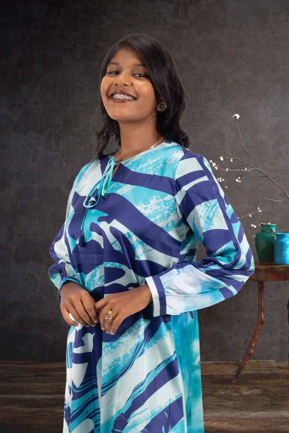 Blue Printed Vegan Charmeuse Silk Dress 10074049
