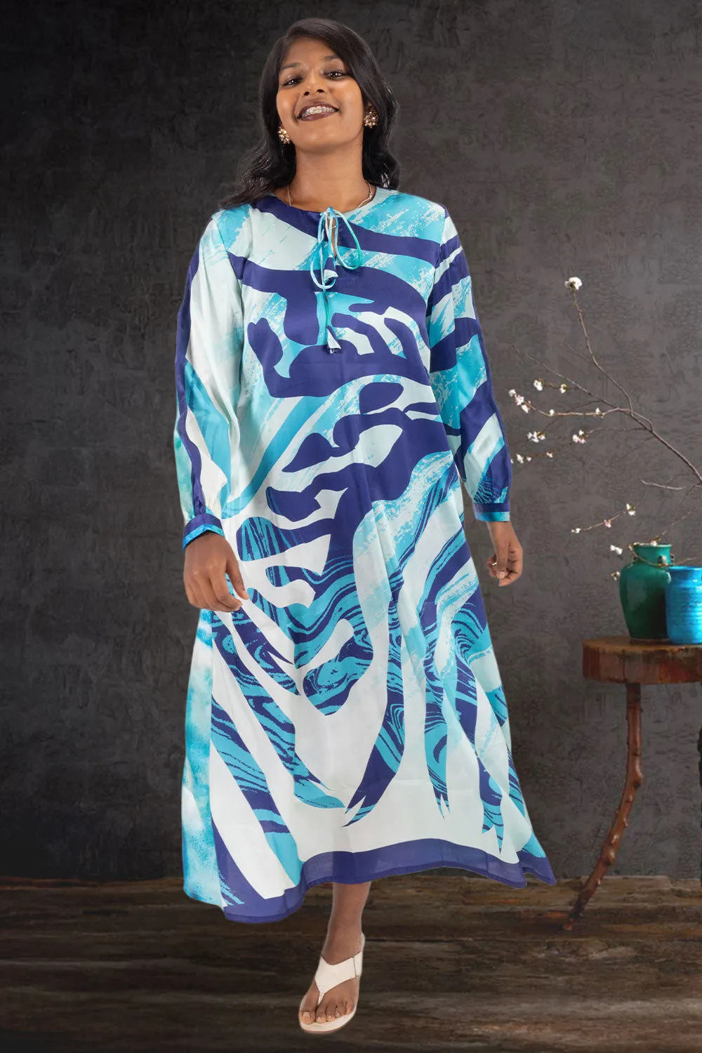 Blue Printed Vegan Charmeuse Silk Dress 10074049