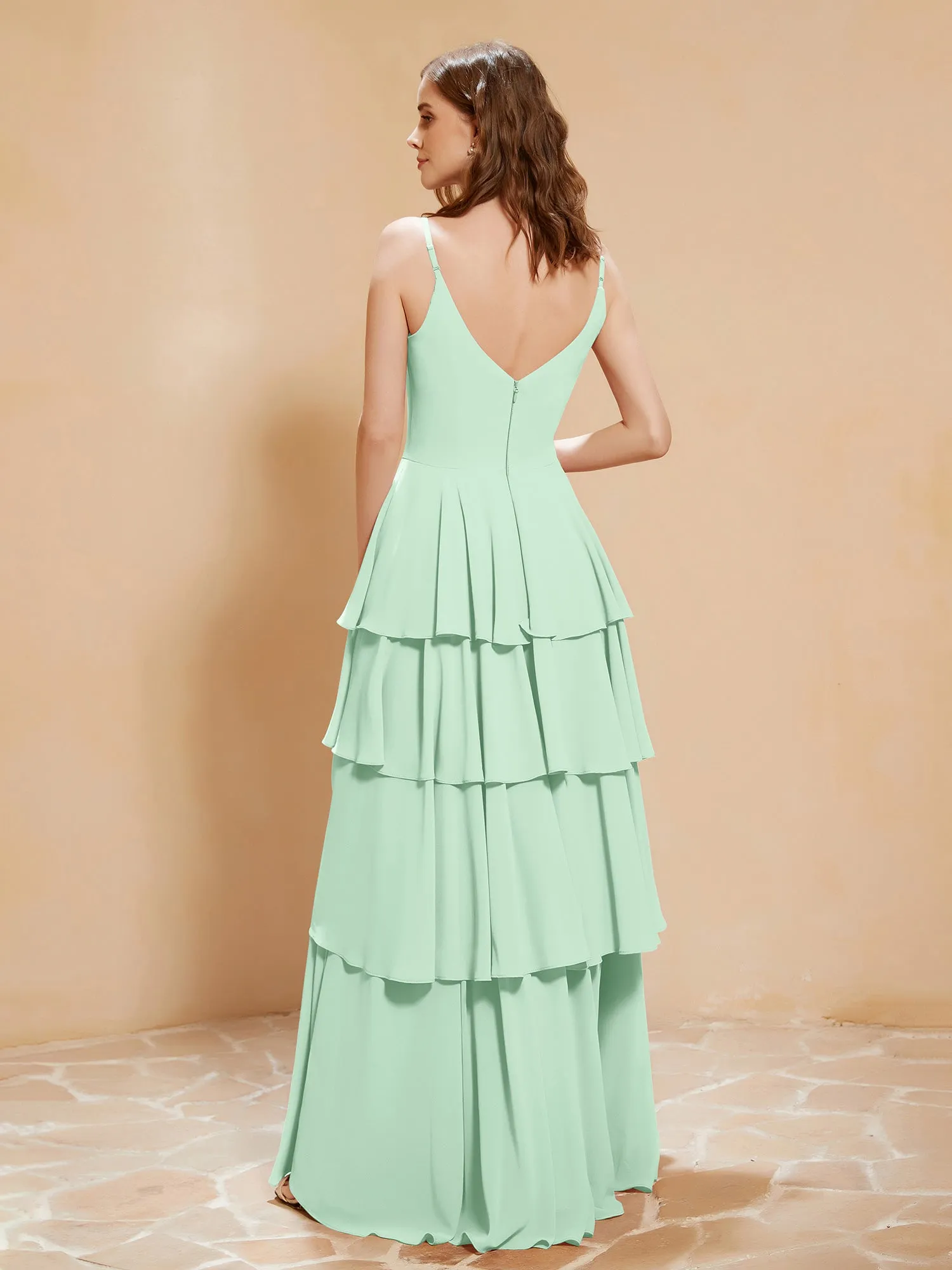 Boho V-neck Floor-length Dress Flowy Ruffles Mint Green