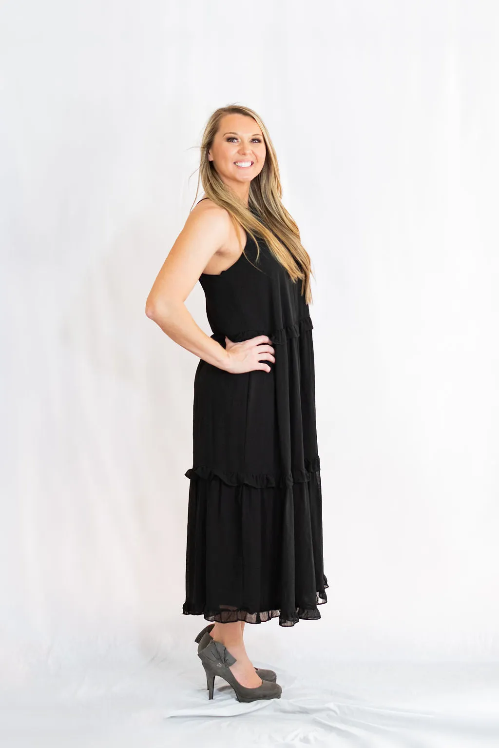 Cami Woven Midi Dress with Ruffled Detail by She   Sky