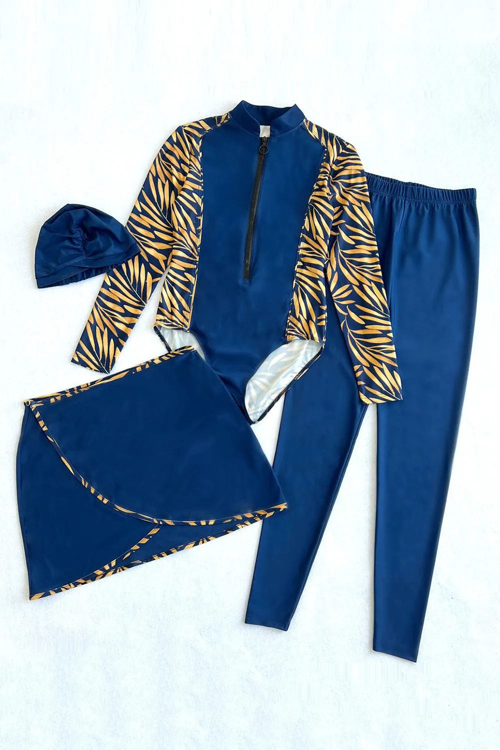 Cap, Long Sleeve Swimsuit, Pants, and Skirt Burkini Swimwear
