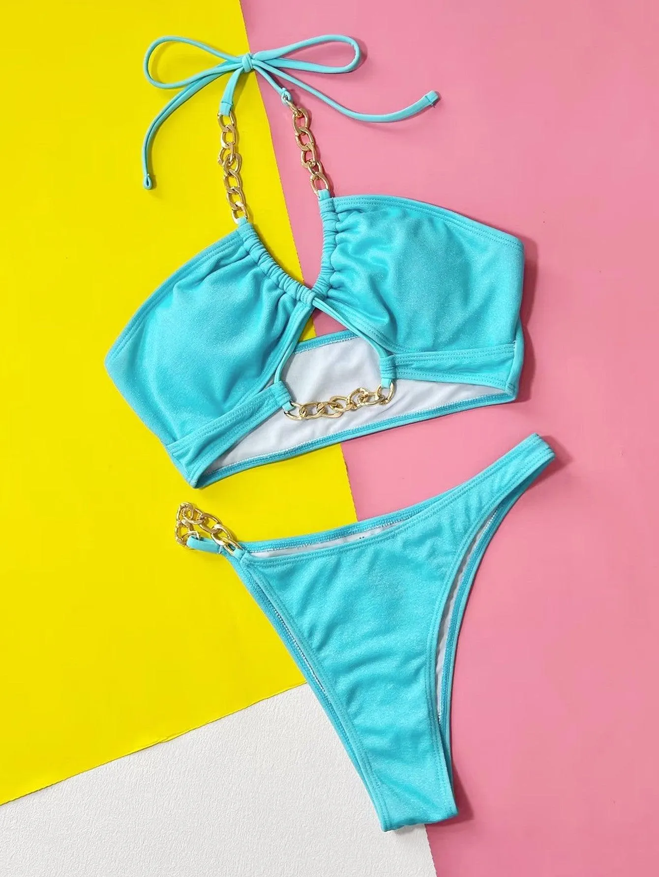 Chain Detail Halter High Cut Two Piece Bikini