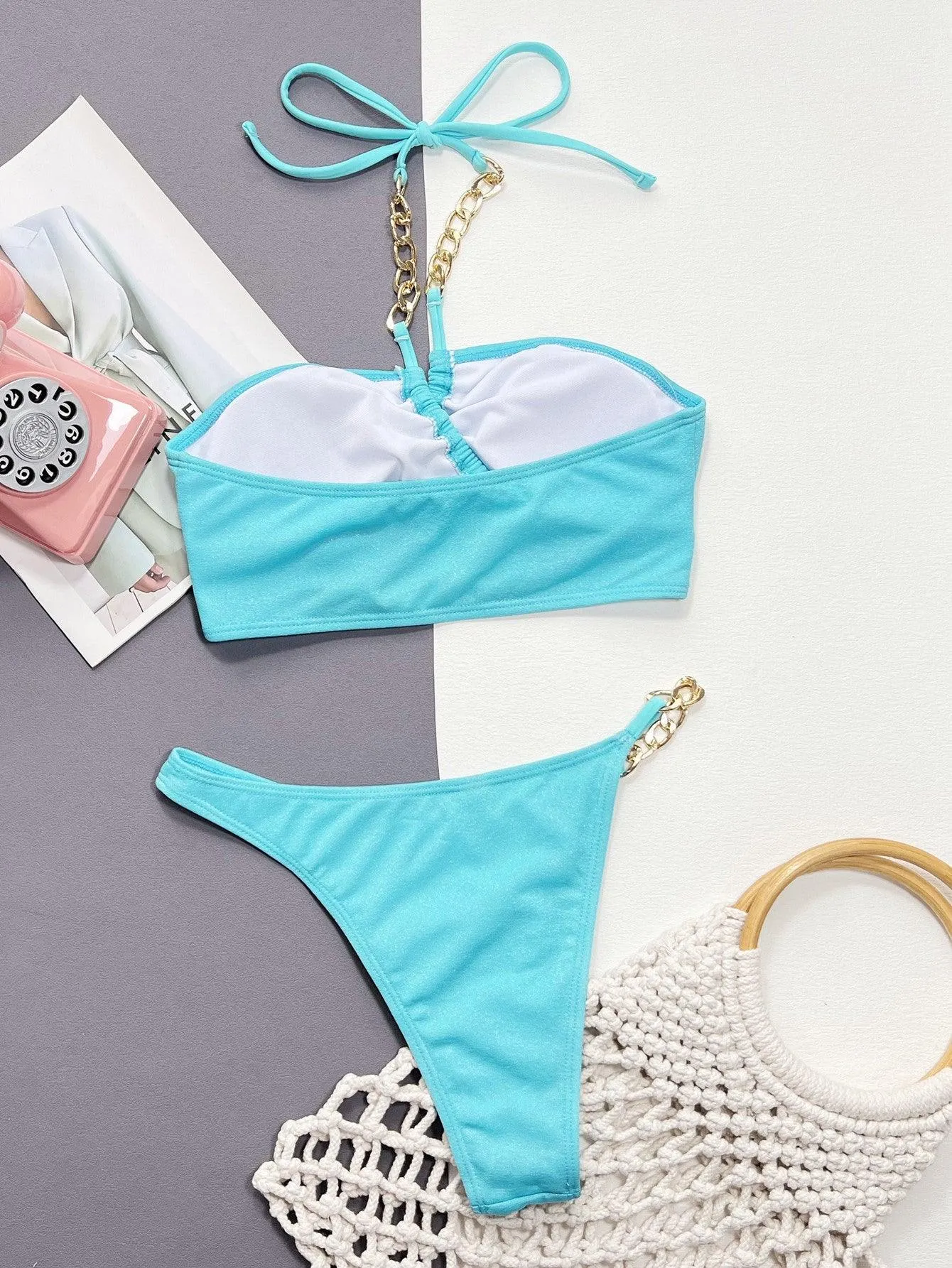 Chain Detail Halter High Cut Two Piece Bikini