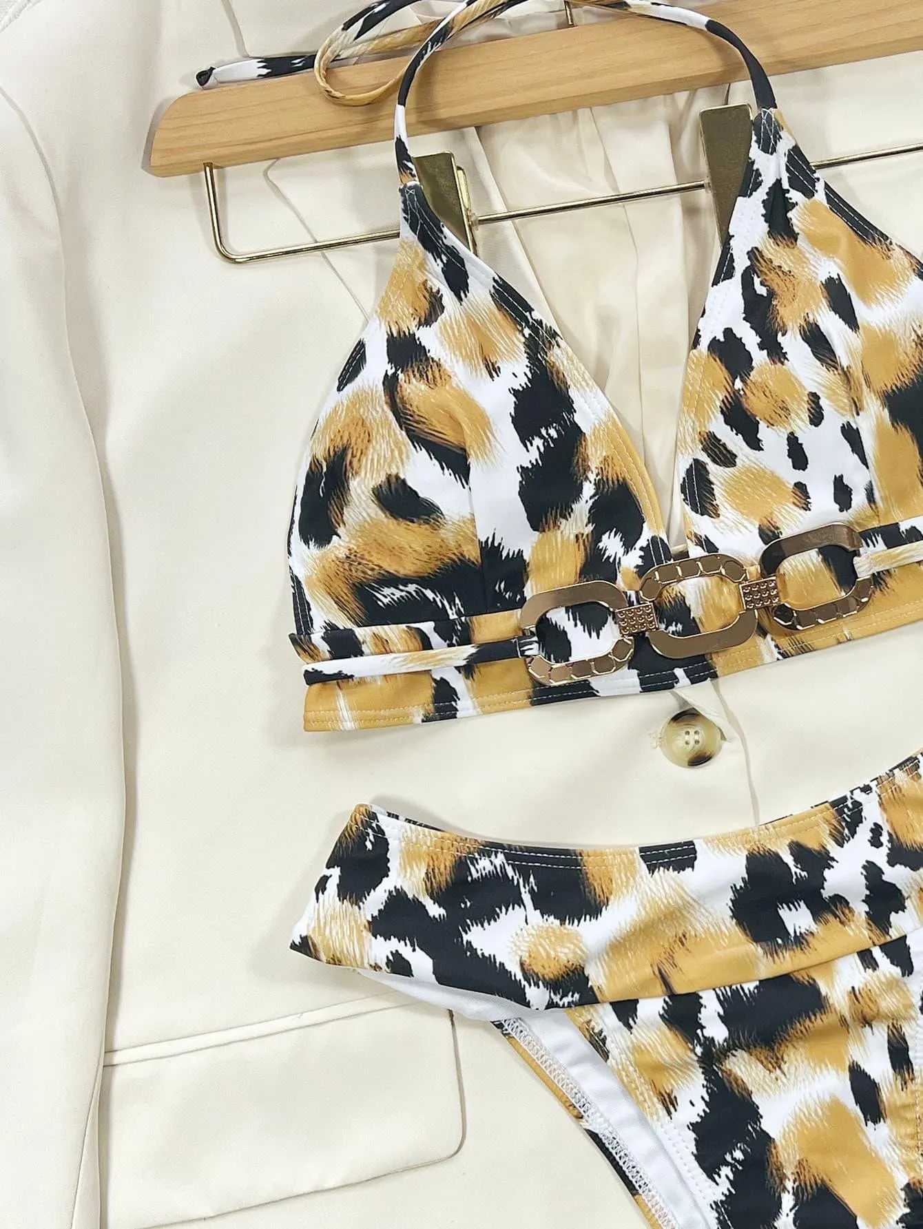Chain Detail Leopard Print Plunge High Leg Bikini Set