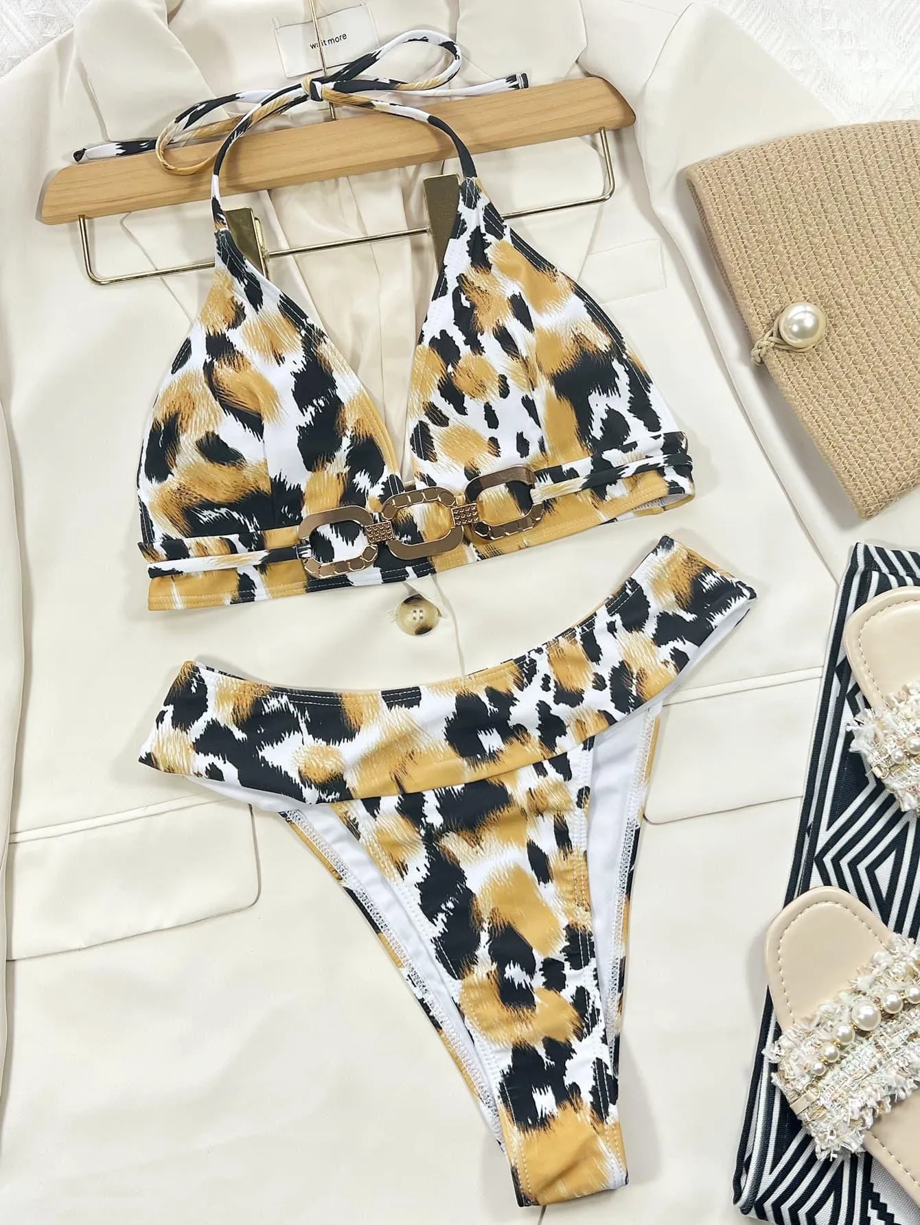Chain Detail Leopard Print Plunge High Leg Bikini Set