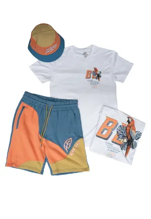 Colorblock Parrot T-shirt, Colorblock Patch Shorts and Bucket Hat Combo