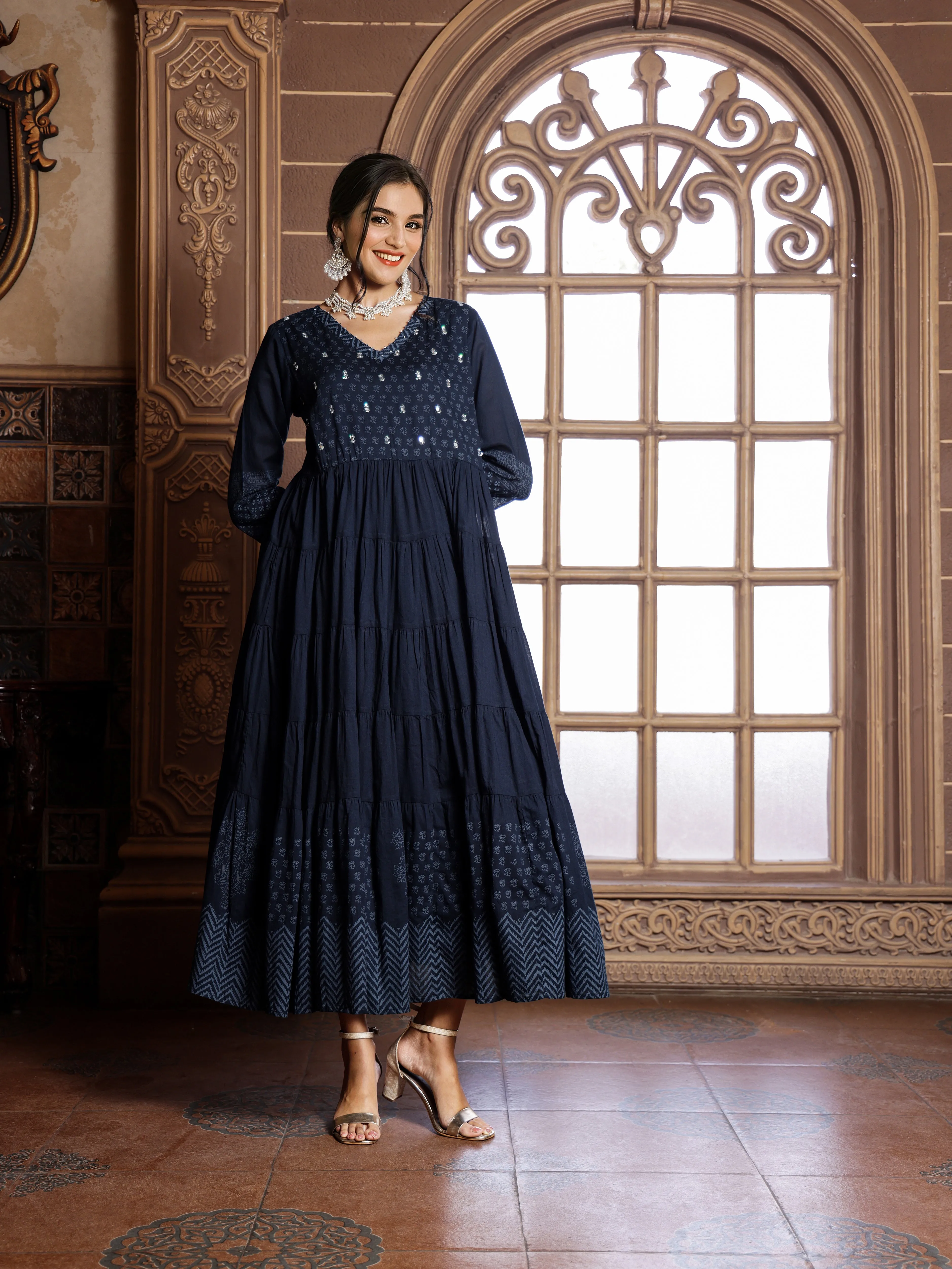 Cotton Blue Ethnic Printed Tiered Flare Maxi Dress With Tie-Up