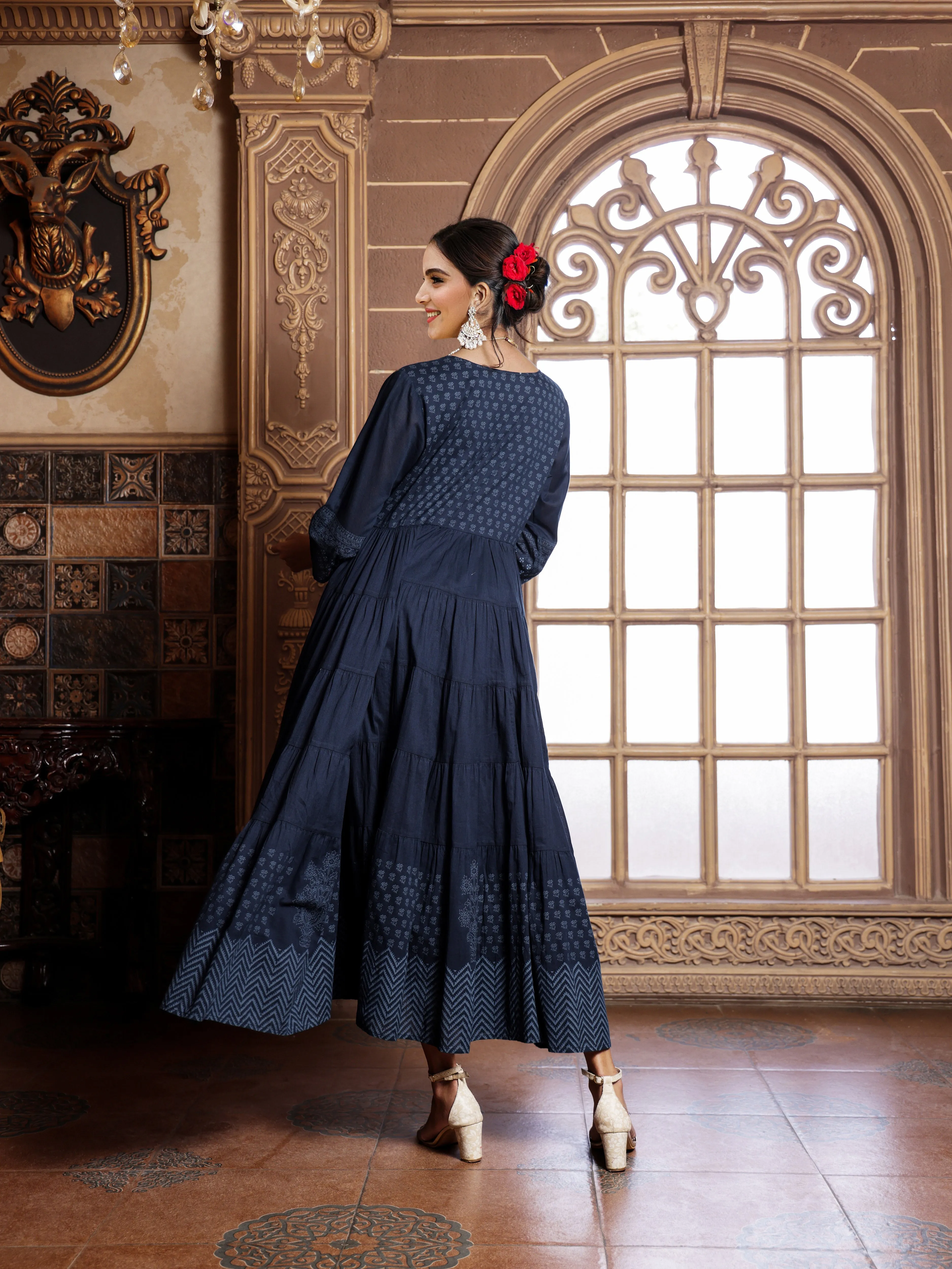 Cotton Blue Ethnic Printed Tiered Flare Maxi Dress With Tie-Up