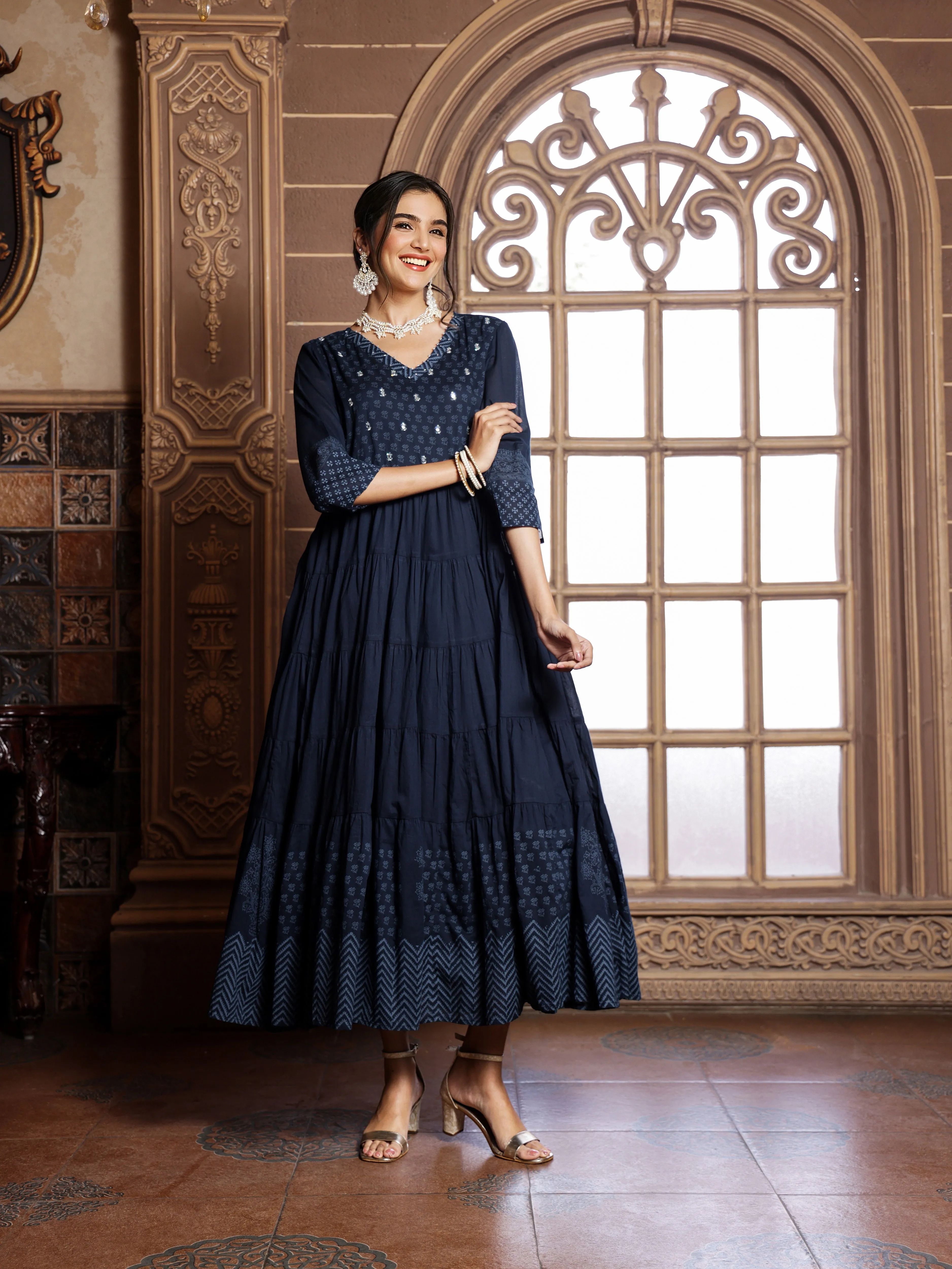 Cotton Blue Ethnic Printed Tiered Flare Maxi Dress With Tie-Up