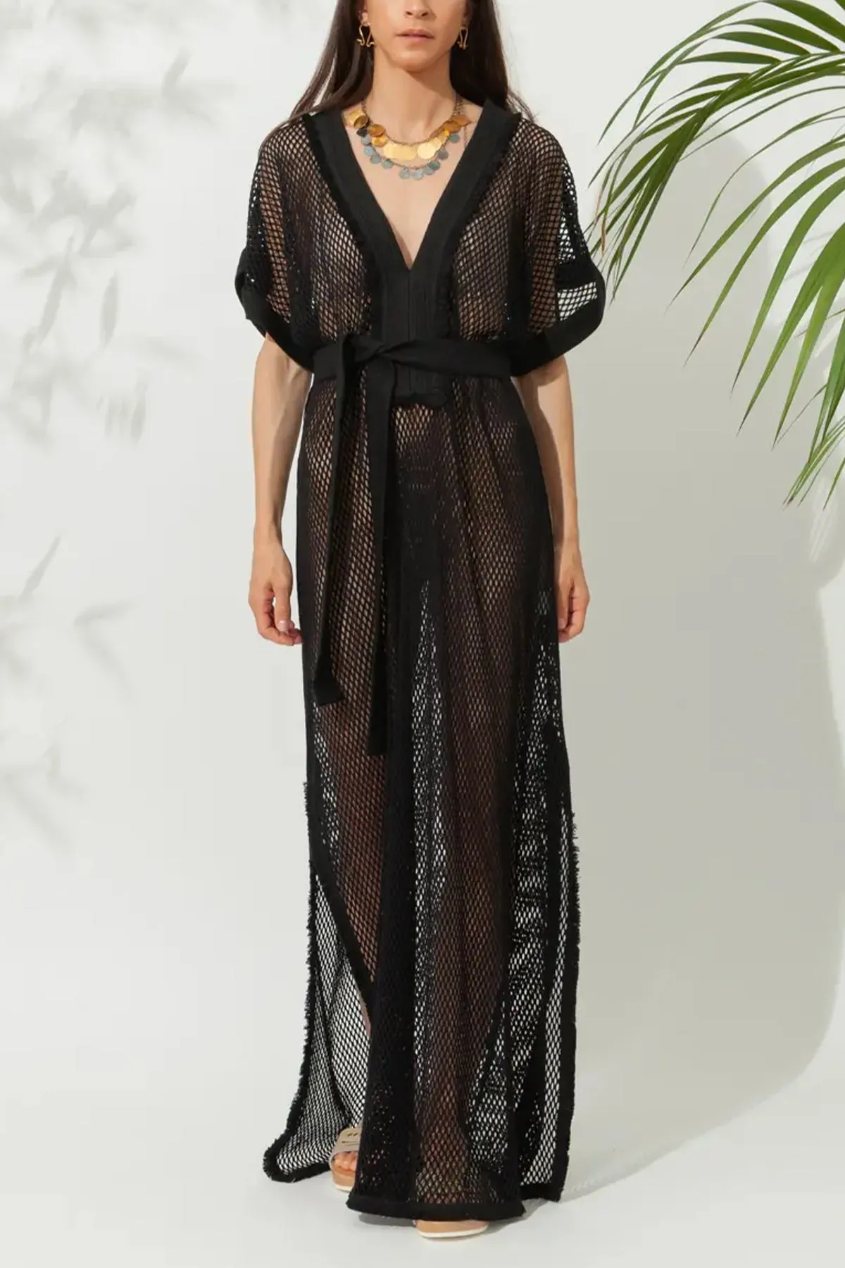 COTTON FISHNET KAFTAN "PETRA" BLACK