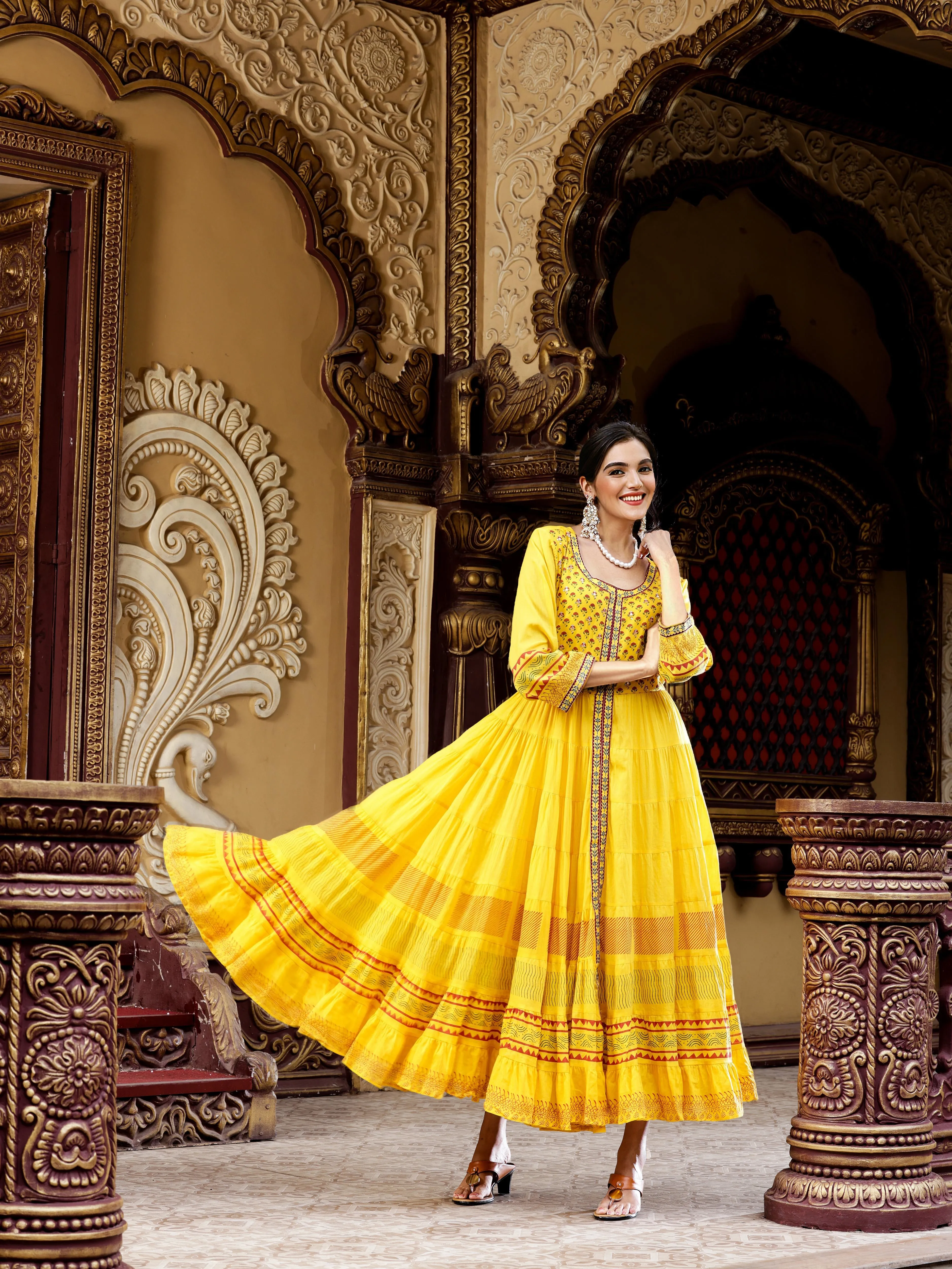 Cotton Mustard Ethnic Printed Tiered Flare Maxi Dress With Tie-Up