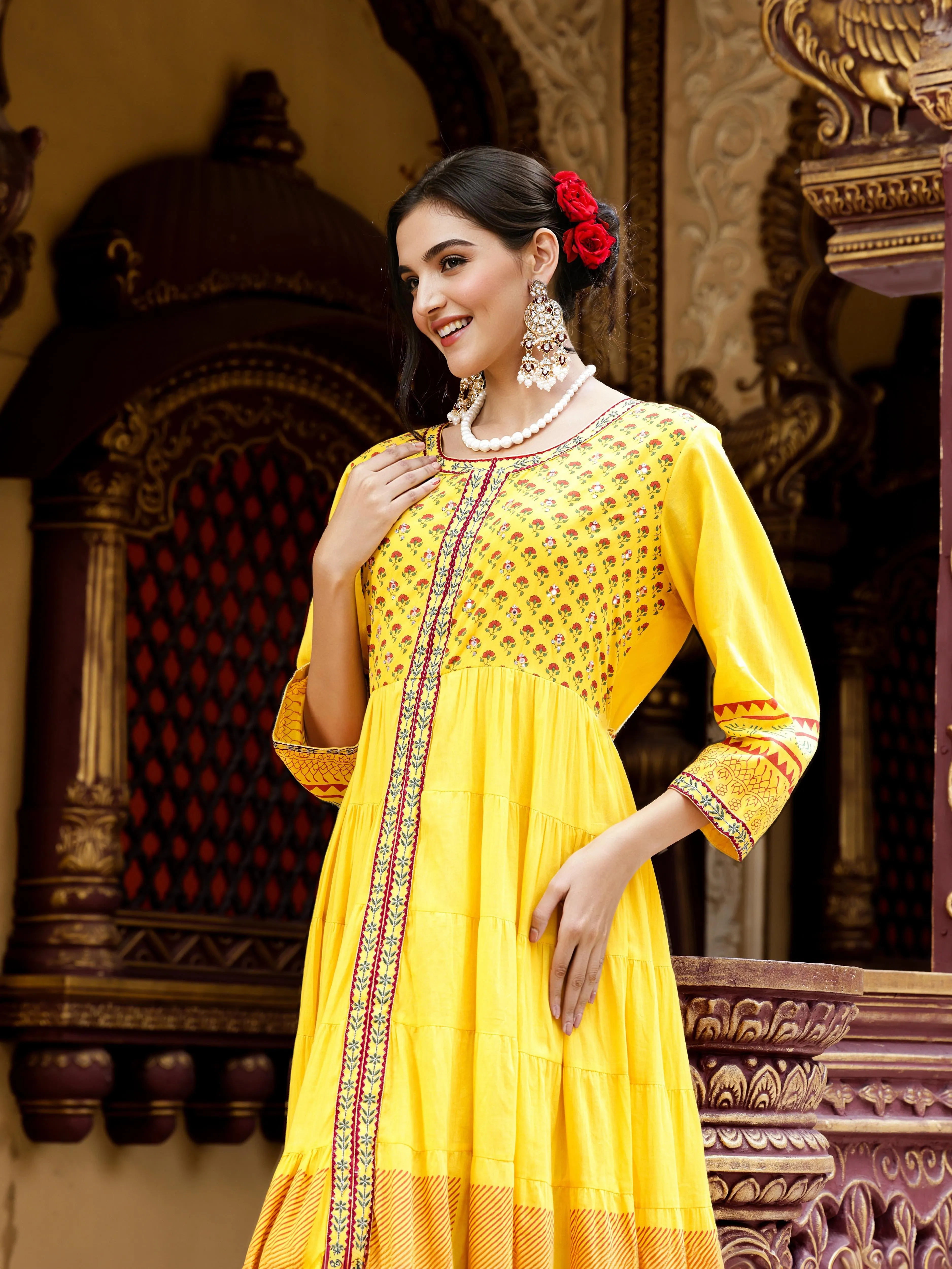 Cotton Mustard Ethnic Printed Tiered Flare Maxi Dress With Tie-Up