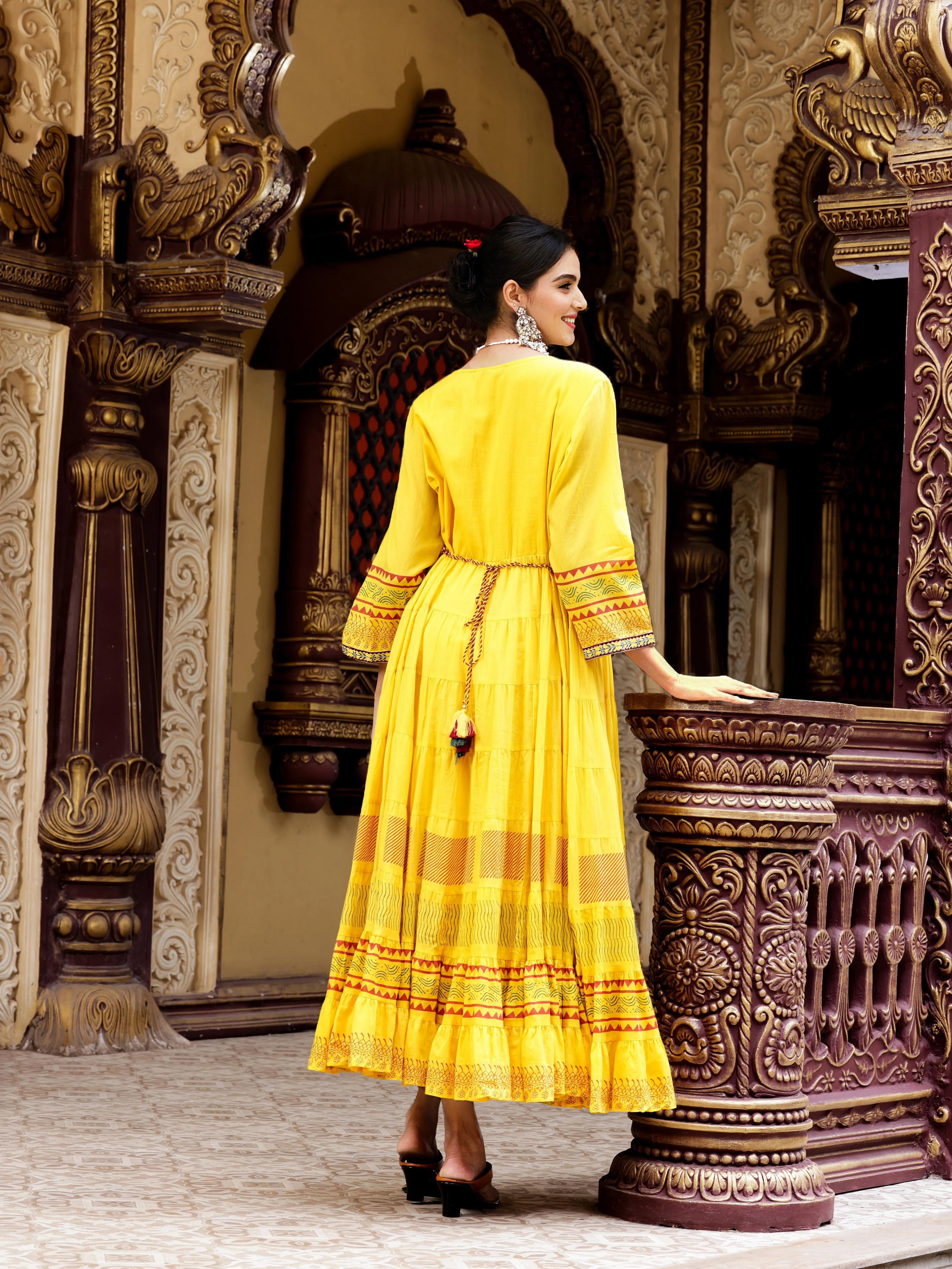 Cotton Mustard Ethnic Printed Tiered Flare Maxi Dress With Tie-Up