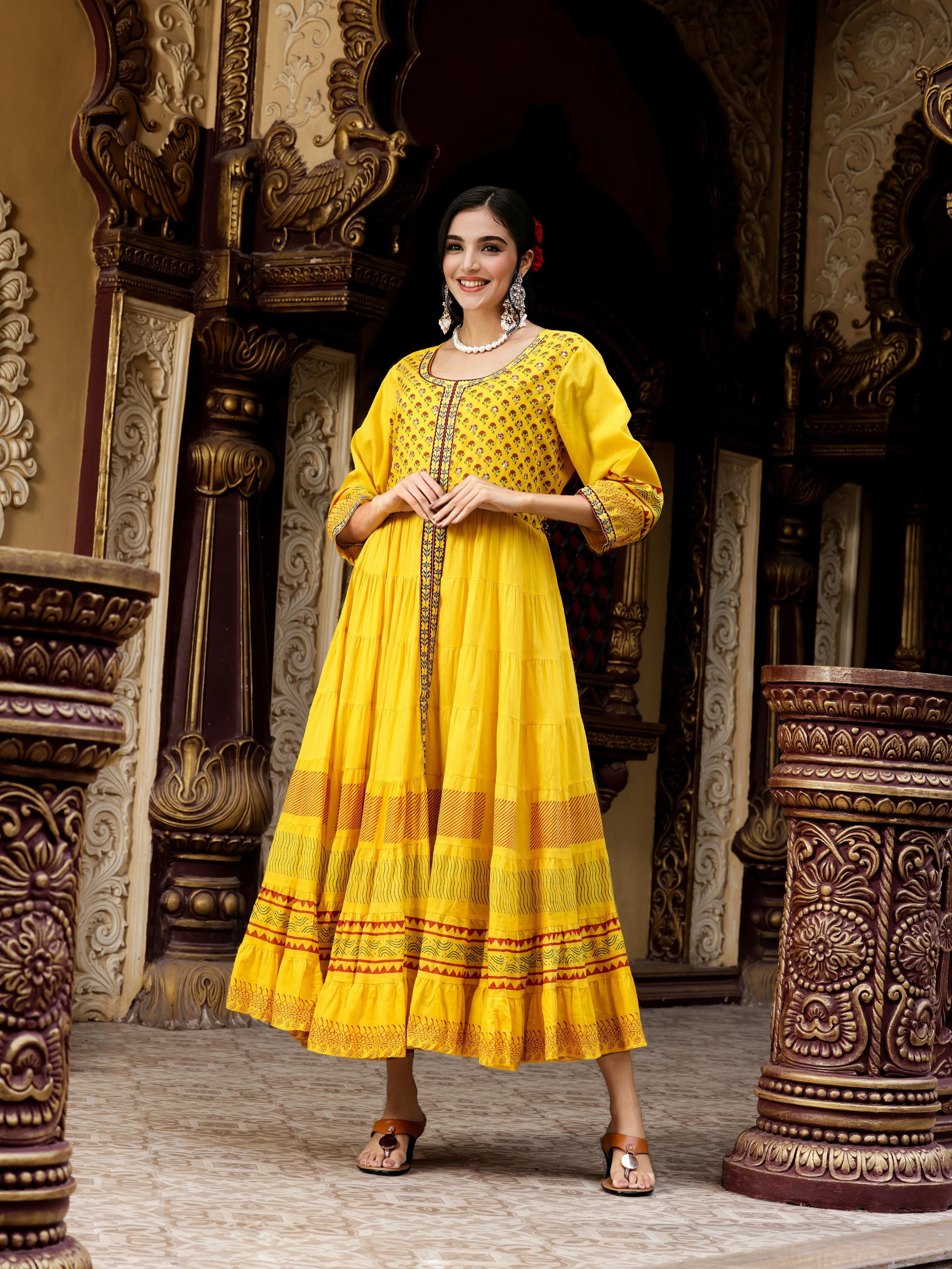 Cotton Mustard Ethnic Printed Tiered Flare Maxi Dress With Tie-Up