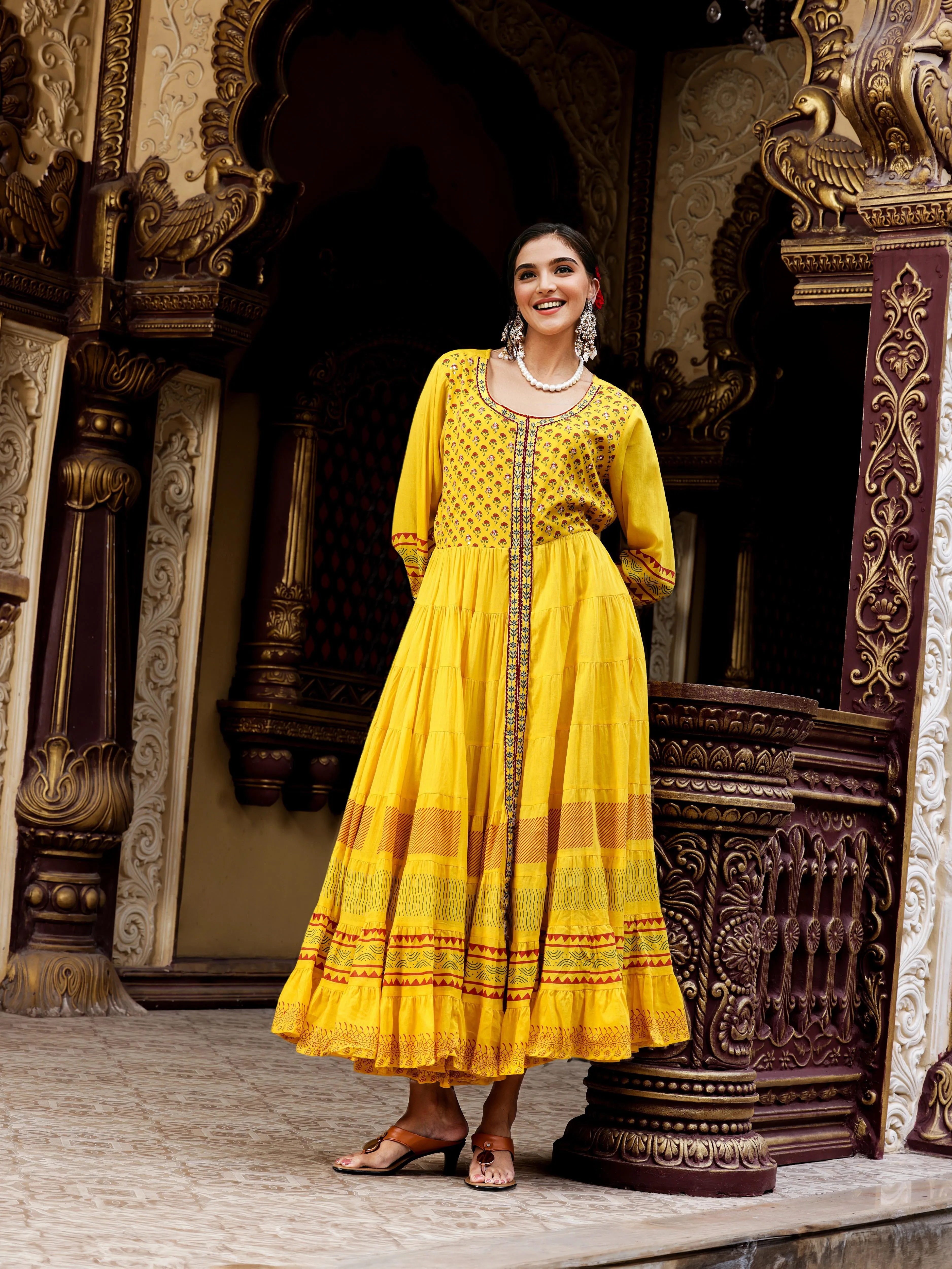 Cotton Mustard Ethnic Printed Tiered Flare Maxi Dress With Tie-Up