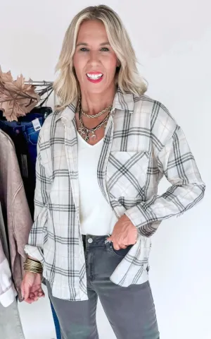 Crisp Mornings Greige Plaid Flannel Button Down Shirt