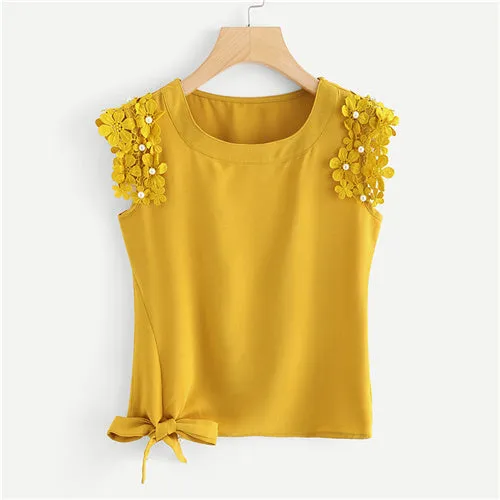 Dotfashion Knot Side Pearl Beaded Detail Top 2018 Summer Round Neck Elegant Tank Women Ginger Plain Contrast Lace Tank Top