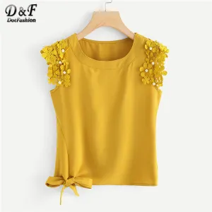 Dotfashion Knot Side Pearl Beaded Detail Top 2018 Summer Round Neck Elegant Tank Women Ginger Plain Contrast Lace Tank Top
