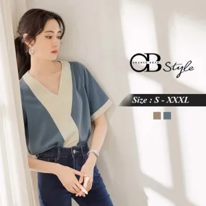 ELEGANT CONTRAST COLOR V-NECK SHORT SLEEVE TOPS