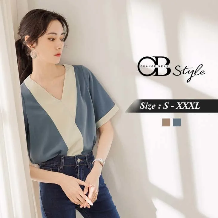 ELEGANT CONTRAST COLOR V-NECK SHORT SLEEVE TOPS