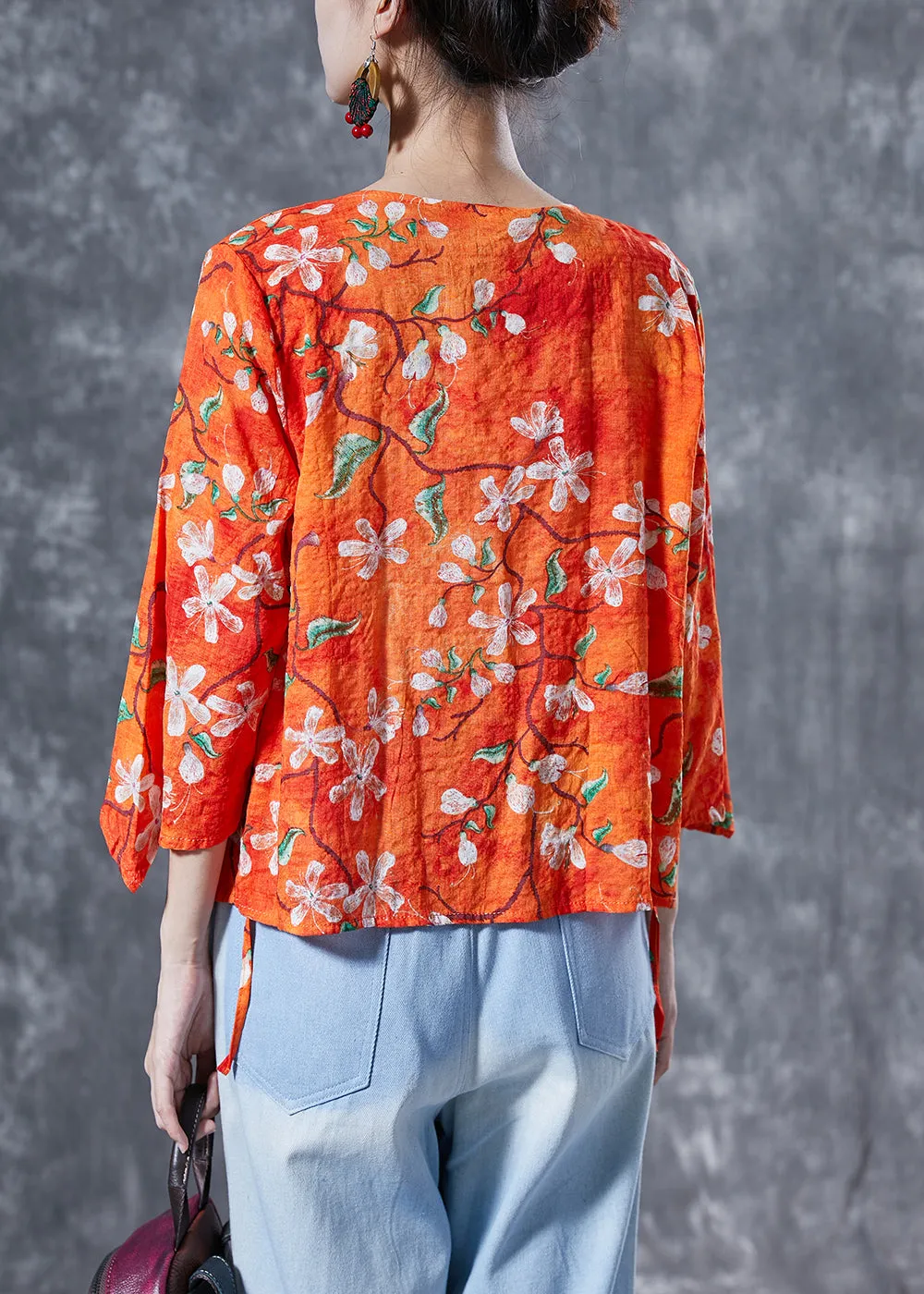 Elegant Orange Flower Print Lace Up Cotton Shirt Tops Bracelet Sleeve LY4080