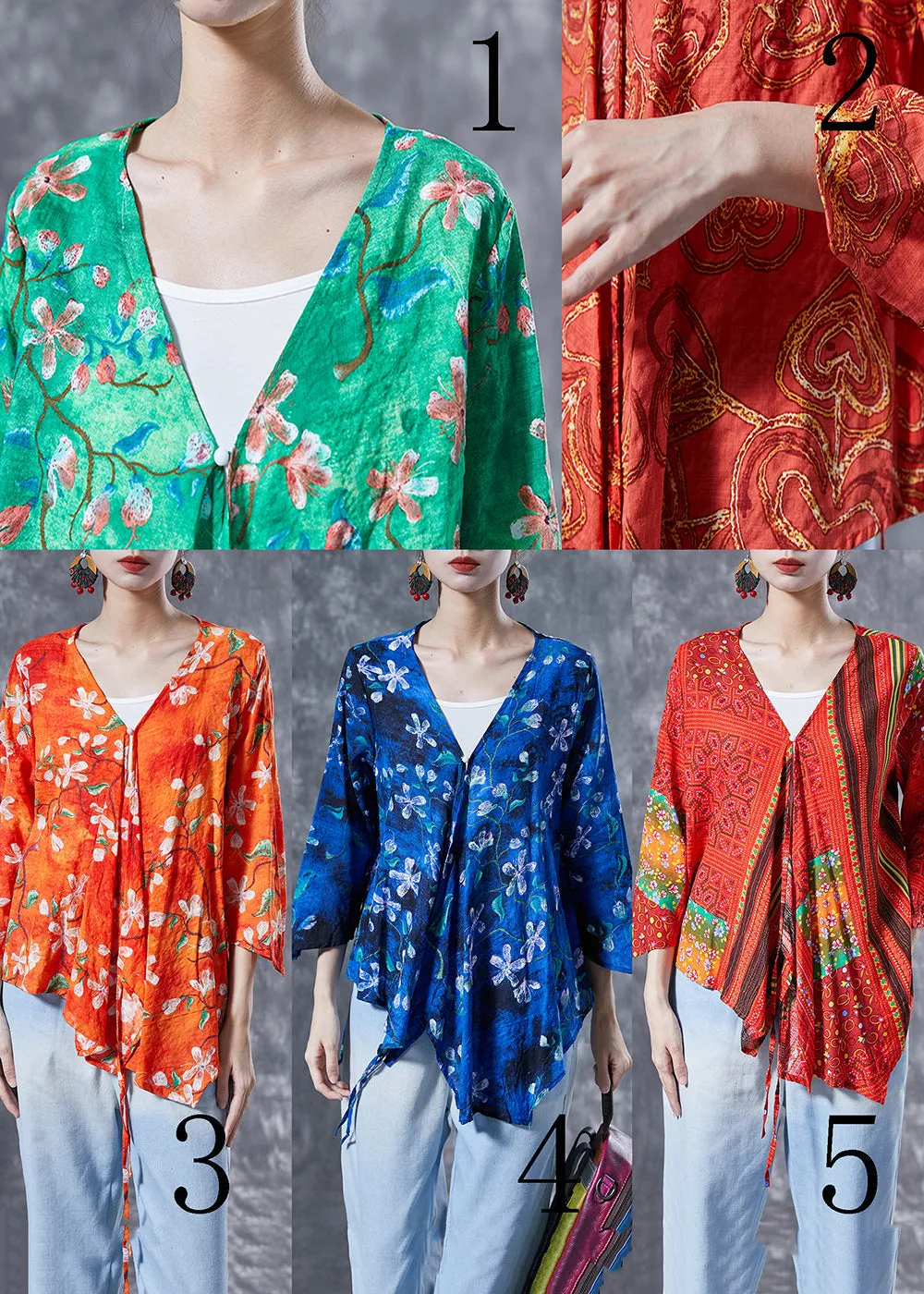 Elegant Orange Flower Print Lace Up Cotton Shirt Tops Bracelet Sleeve LY4080