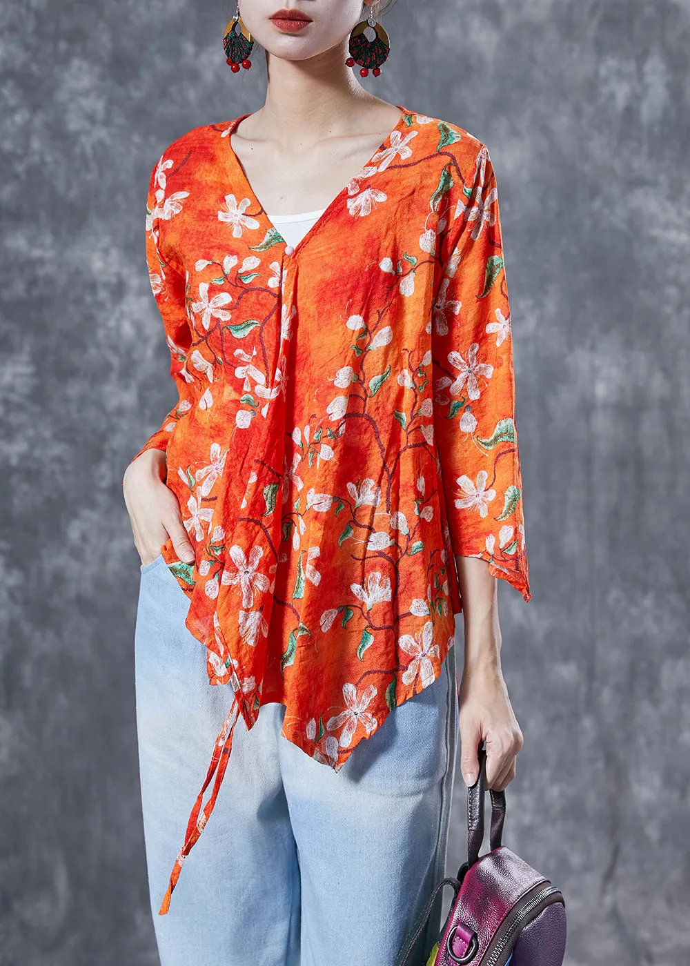 Elegant Orange Flower Print Lace Up Cotton Shirt Tops Bracelet Sleeve LY4080