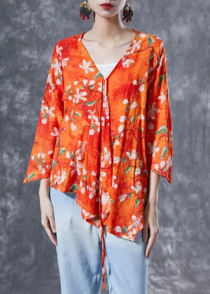 Elegant Orange Flower Print Lace Up Cotton Shirt Tops Bracelet Sleeve LY4080