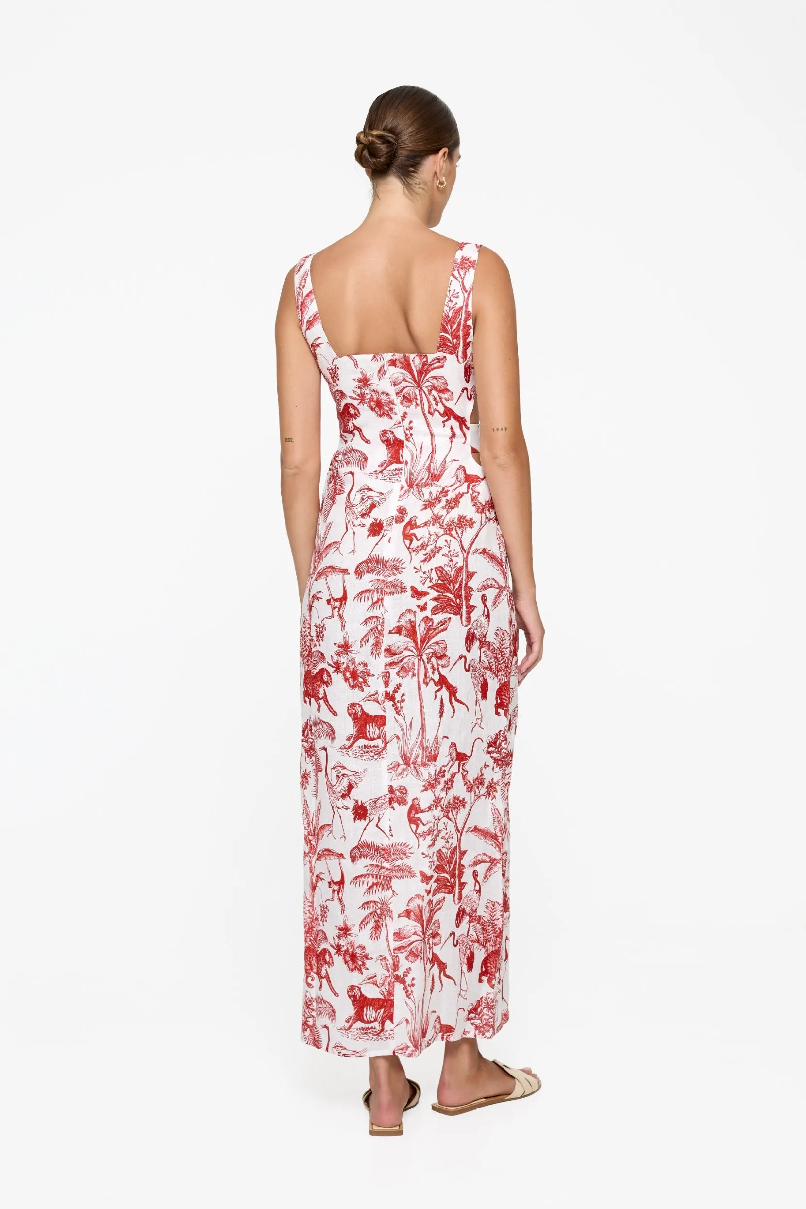 Evie Cutout Maxi Dress - Red Toile Linen